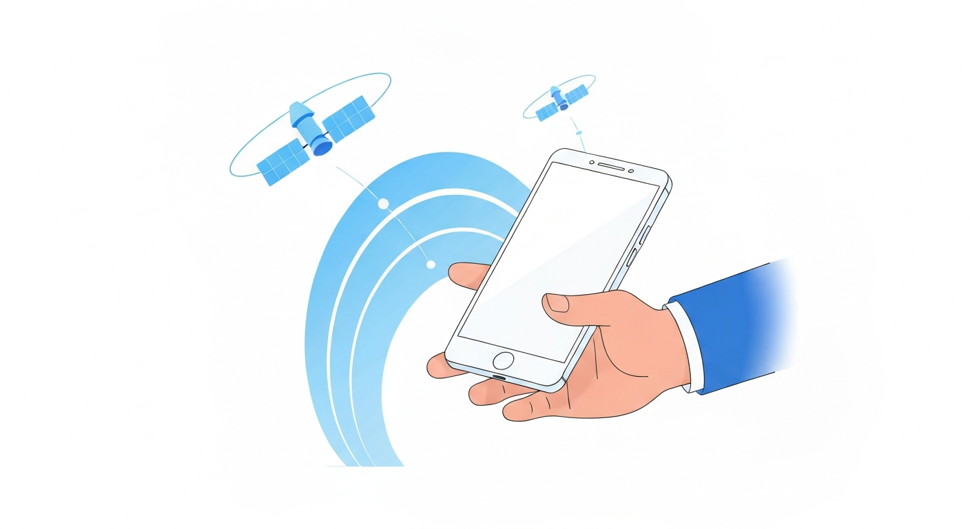 Ilustracao de desenvolvedor usando APIs de geolocalizacao em smartphone com satelites e sinais