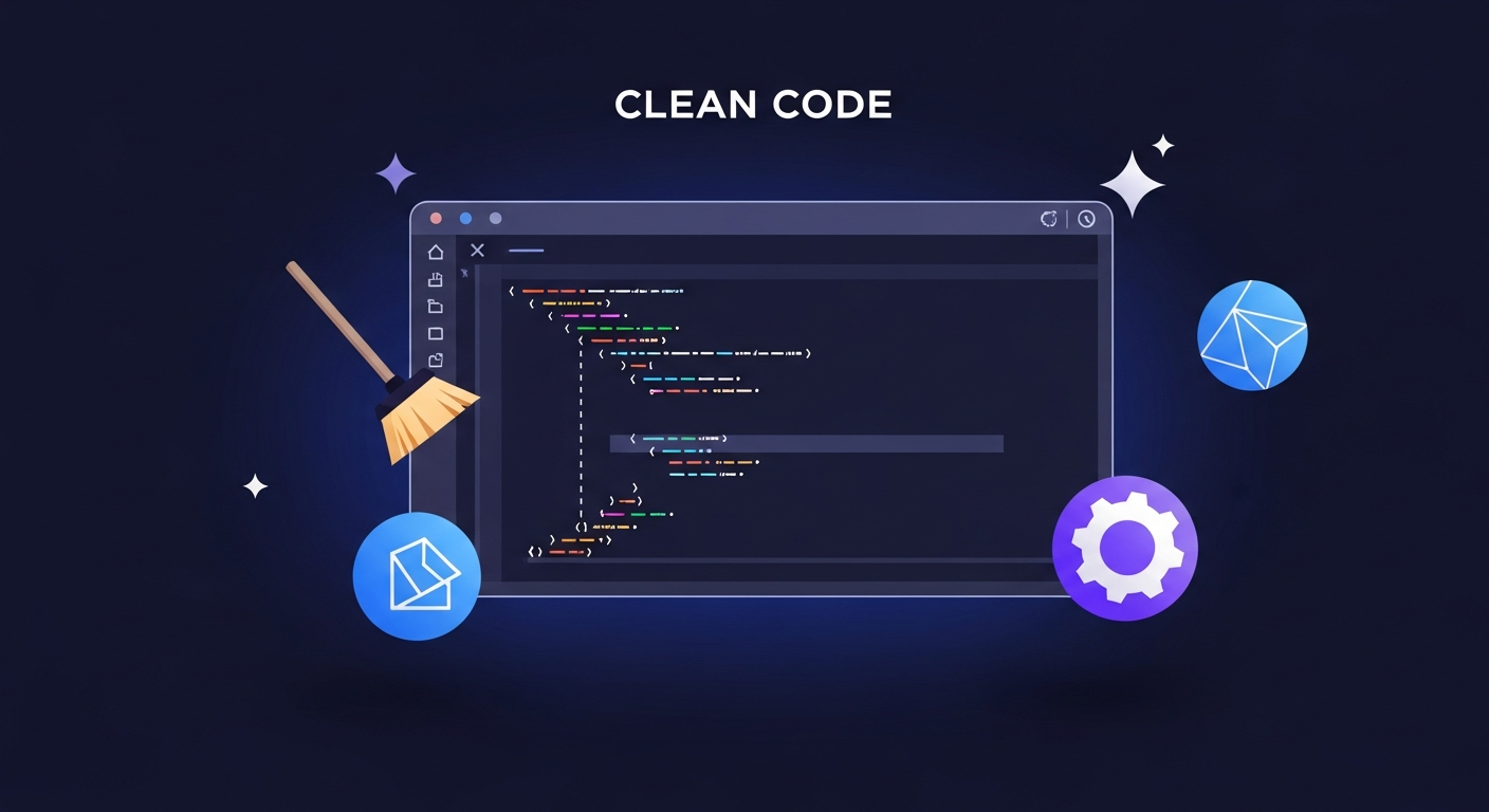 Clean Code: ilustração de IDE com código limpo, paleta dark blue