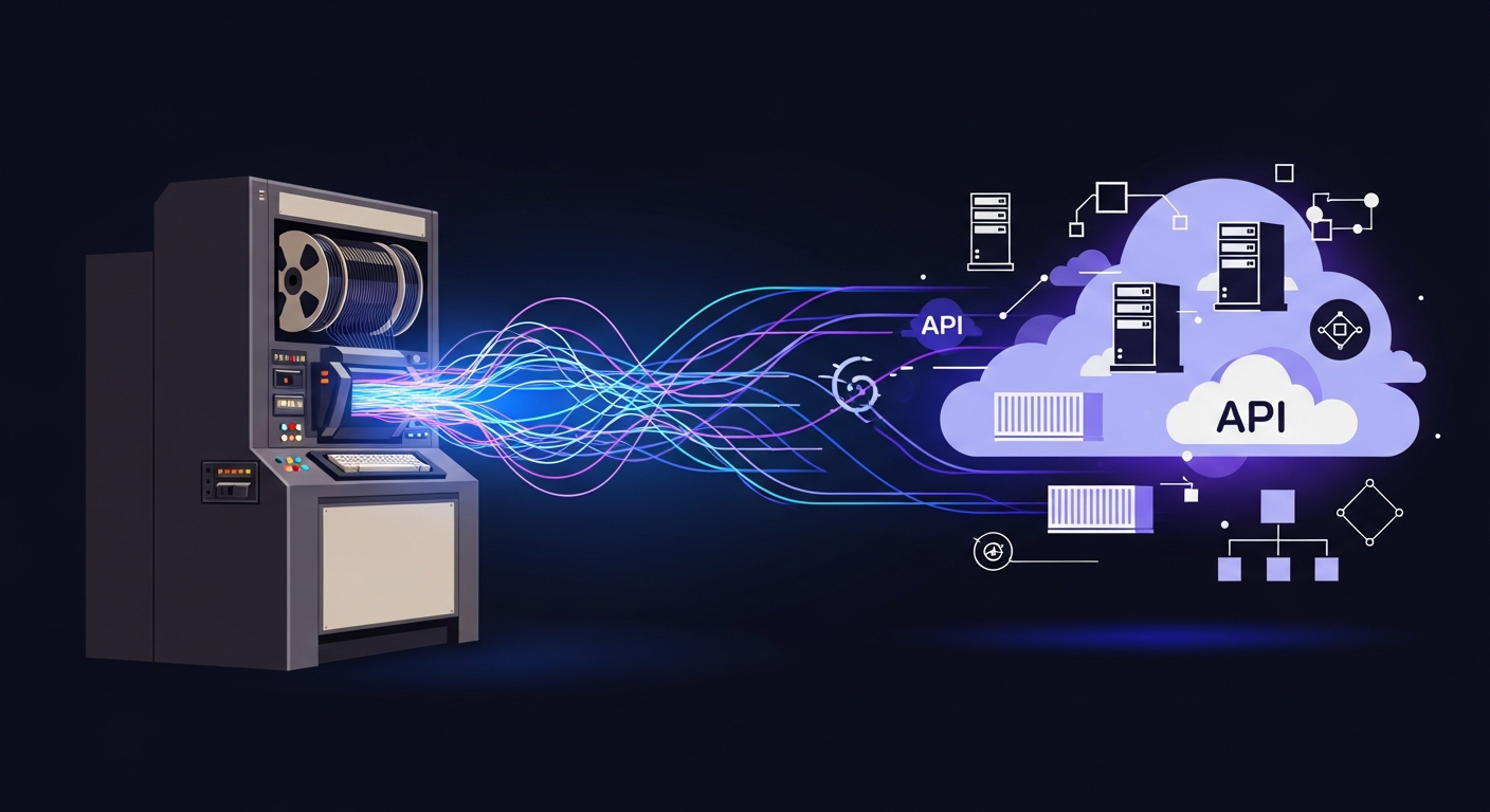 Sistema legado modernização: mainframe vintage transformando em microsserviços cloud