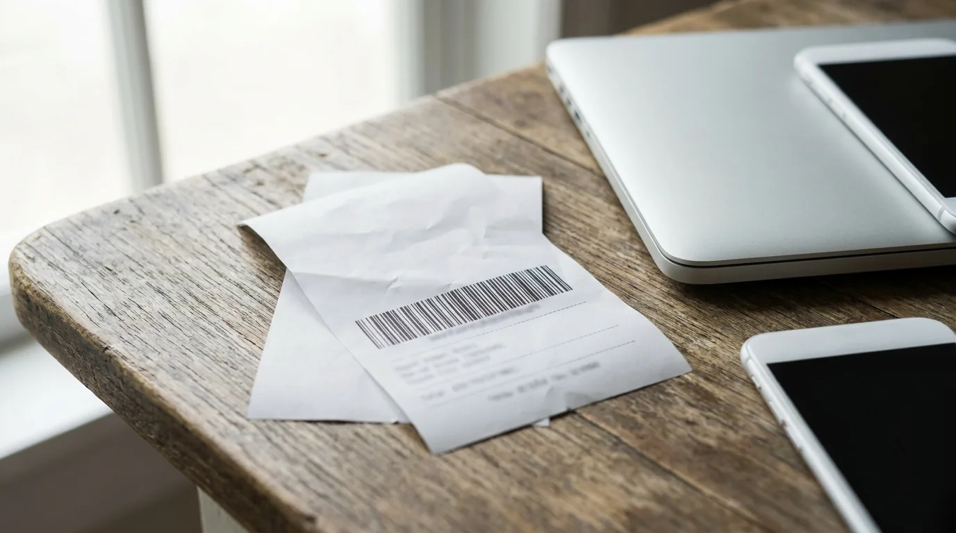 Documento fiscal impresso com código de barras sobre a mesa, ao lado de notebook e celular