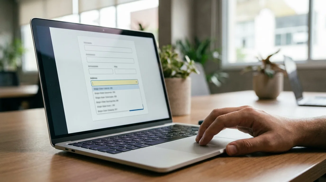 Formulário de cadastro em notebook com campo de CEP preenchendo cidade e código IBGE do município automaticamente