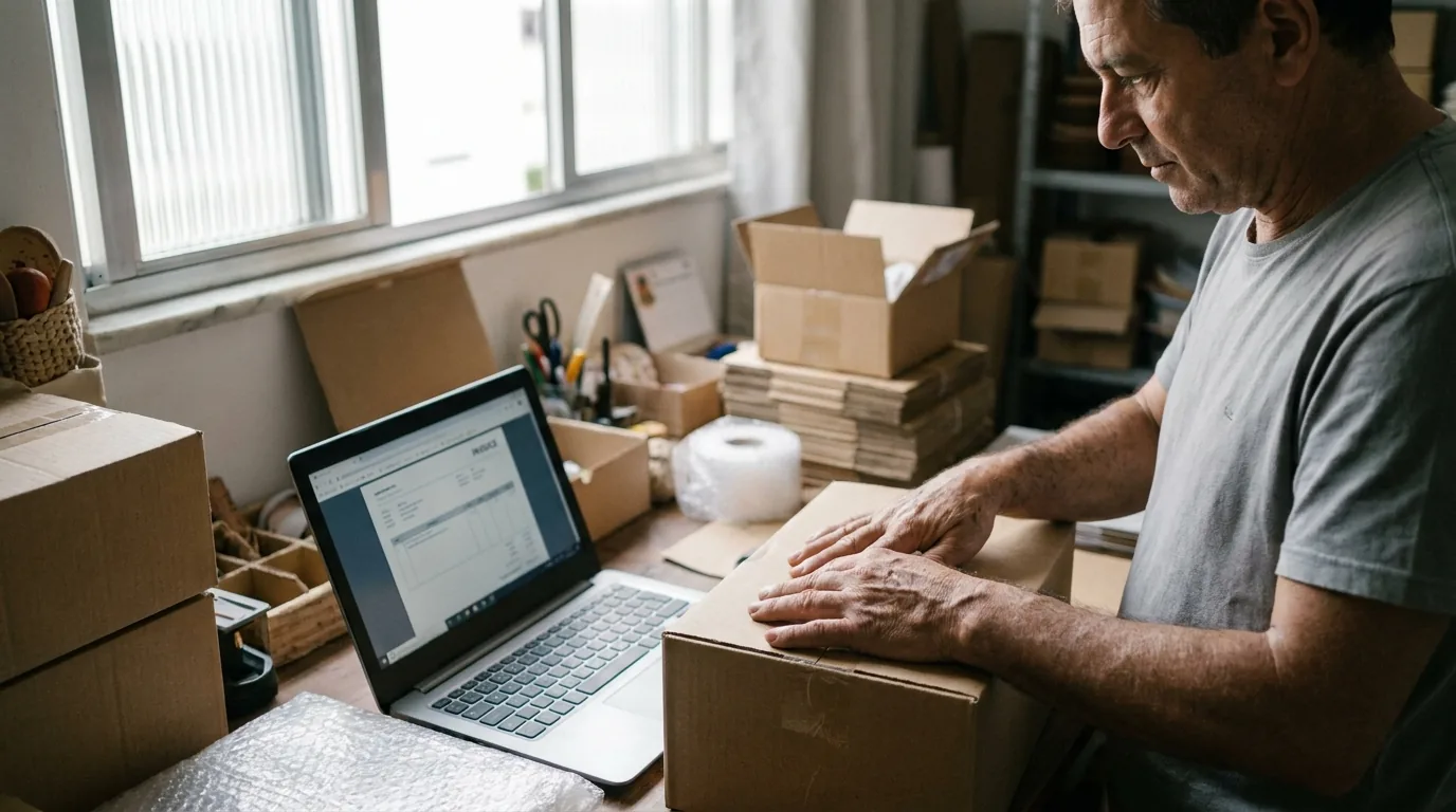 Microempreendedor embala pedidos ao lado do notebook com formulário de nota fiscal aberto